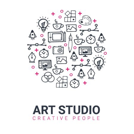Art Studio. Background with doodle design elements.のイラスト素材