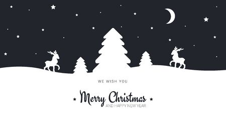 Merry Christmas and Happy New Year greeting card. Winter landscape with Trees, deer and stars.のイラスト素材