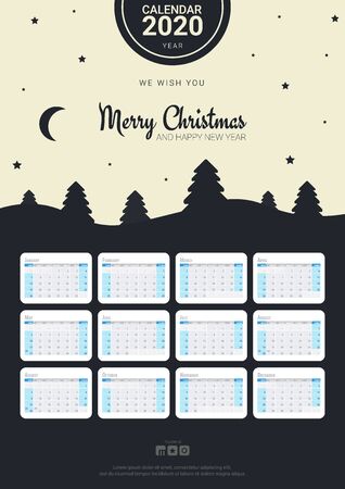 Calendar 2020 with winter Christmas landscape on the background.のイラスト素材