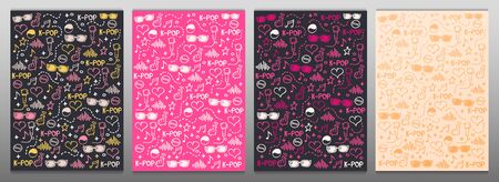 Set of K Pop hand draw doodle backgrounds. Korean music style.のイラスト素材
