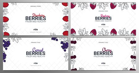 Sert of Berries banners with raspberries, strawberries, currants and cherries. Food design template with berryのイラスト素材