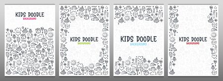 Set of Hand draw Kids doodle backgrounds. Objects from a child's lifeのイラスト素材