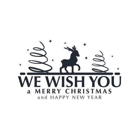 Christmas greeting emblems with hand draw trees and deer.のイラスト素材