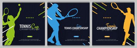Set of Tennis Championship banners, design with player and racquet on dark background. Vector illustration.のイラスト素材