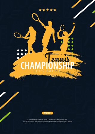 Tennis Championship banner, design with player and racquet on dark background. Vector illustration.のイラスト素材