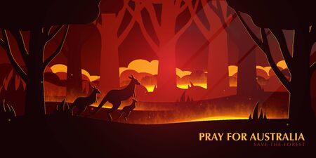 Australia Forest Fires background with Kangaroo. Pray for Australia. Natural disaster. Vector Illustrationのイラスト素材