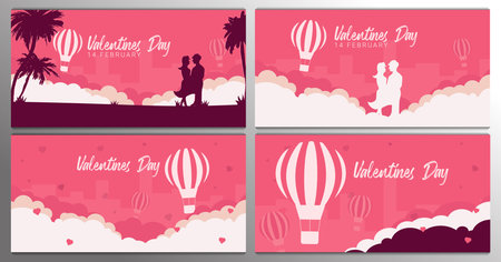 Set of Valentine's Day banners with couple in love, palms and air balloon on the pink backgroundのイラスト素材