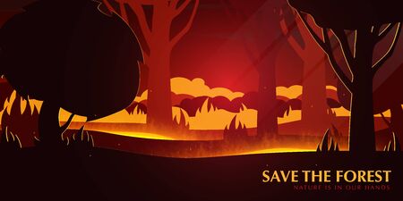 Forest Fires background. Save the Forest banner. Natural disaster. Vector Illustration.のイラスト素材