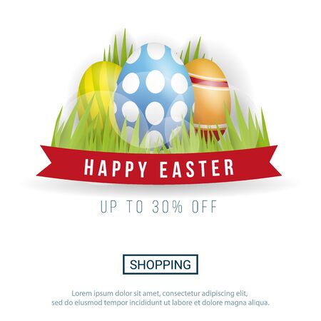 Happy Easter. Party Flyer Illustration with painted eggs, green grass and typography elements on white background. Spring holiday celebration poster design template.のイラスト素材