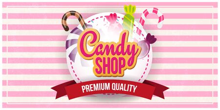 Candy Shop banner with sweets on the retro background.のイラスト素材