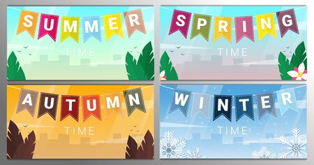 Four Seasons. Summer, Spring, Autumn and Winter. City landscape with bunting flags, leaves or snowflakesのイラスト素材