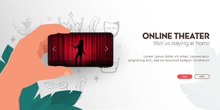 Online Theater. Palm with smartphone on the hand draw doodle elements.のイラスト素材