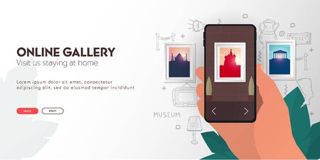 Online Gallery or Museum. Palm with smartphone on the hand draw doodle elements.のイラスト素材