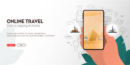 Online Traveling. Palm with smartphone and attractions. Hand draw doodle elements on the background.のイラスト素材