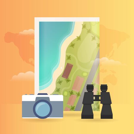 Time to travel banner with map, camera and binoculars. Vacation. Road trip. Tourism. Journey. Travelling illustration. Modern flat design.のイラスト素材