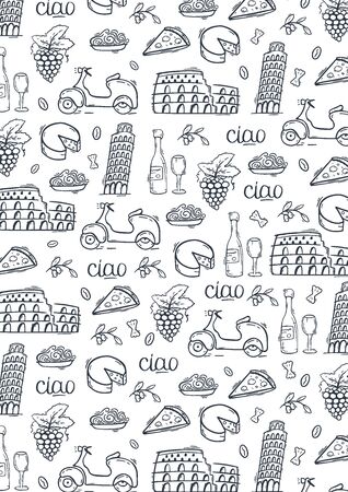 Doodle hand drawn background. Travel to Italy. Vector illustration.のイラスト素材