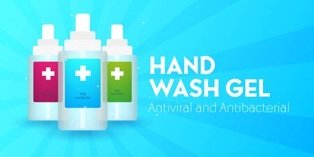 Hand Sanitizer gel ads. Antibacterial effect, antiseptic hand gel in bottles. Vector Illustration.のイラスト素材
