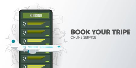 Time to travel banner Online booking service. Book travel on the smartphone. Trip planning. Online reservation of plane and train tickets.のイラスト素材