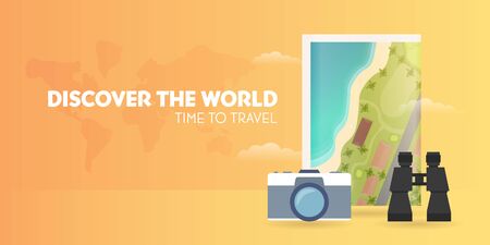 Time to travel banner with map, camera and binoculars. Vacation. Road trip. Tourism. Journey. Travelling illustration. Modern flat design.のイラスト素材