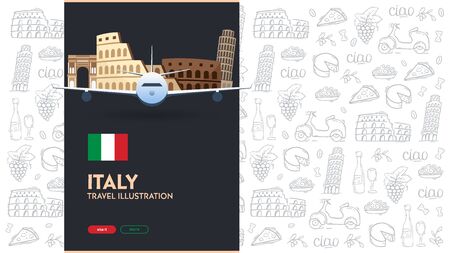 Travel to Italy banner. Doodle hand drawn background. Vector illustration.のイラスト素材