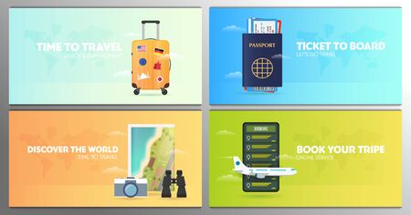 Set of Time to travel banners with bag, passport, tickets, map, camera and smartphone. Vacation. Road trip. Tourism. Journey. Travelling illustration. Modern flat design.のイラスト素材