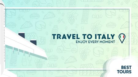 Travel to Italy banner with plane and clouds. Hand draw doodle background.のイラスト素材