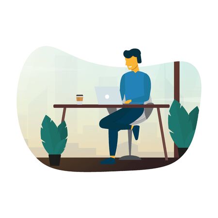 Freelance or study concept. Man work with laptop and sitting on the chair. Vector illustration.のイラスト素材