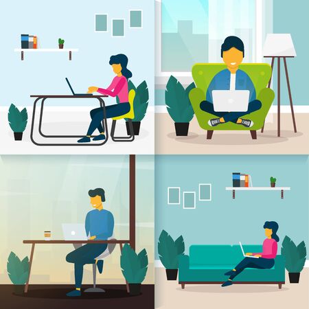 Set of Freelance or study concepts. Man work with laptop and sitting on the sofa. Vector illustration.のイラスト素材