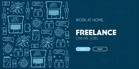 Freelance banner with hand draw doodle background. Popular symbols and elements of remote workのイラスト素材
