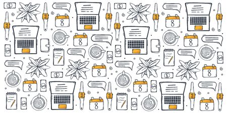Freelance hand draw doodle background with popular symbols and elements of remote workのイラスト素材