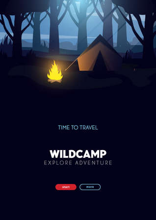 Summer camp. Travel and Adventure. Sunset in the forest. Climbing, Trekking, Hiking, Walking. Campfire Nature landscape.の写真素材