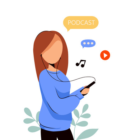 Girl listening podcast or vlog in headphones on his phone. Vector flat illustration.のイラスト素材