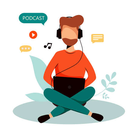 Man listening podcast or vlog in headphones on his phone. Vector flat illustration.のイラスト素材