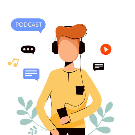 Man listening podcast or vlog in headphones on his phone. Vector flat illustration.のイラスト素材