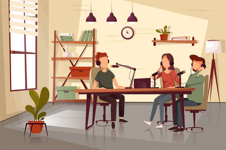 Podcasters talking to microphones recording podcast in studio podcasting. Mens and woman in headphones talking. Mass media broadcasting.のイラスト素材