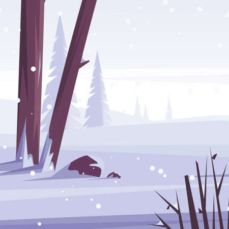 Winter snowy landscape. Trees and nature in the forest. Vector flat illustration.のイラスト素材