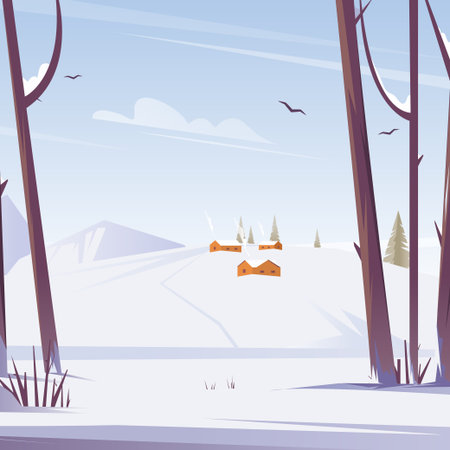Winter snowy landscape with village houses. Trees and nature in the forest. Vector flat illustration.のイラスト素材