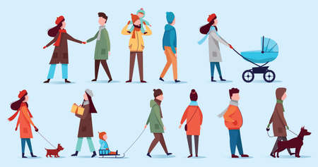 A set of characters dressed in winter clothes. People walking in the winter park.のイラスト素材