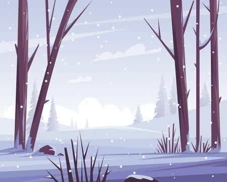Winter snowy landscape. Trees and nature in the forest. Vector flat illustration.のイラスト素材