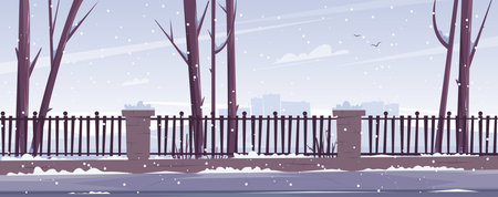 Winter snowy landscape. Trees and nature in the park. Vector flat illustration.のイラスト素材