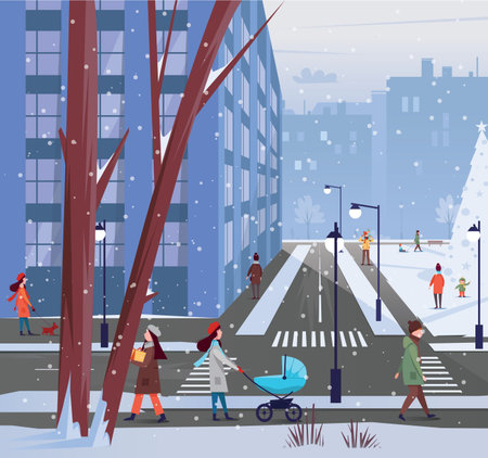 Winter cityscape. People walk in the snowy city. Vector flat illustration.のイラスト素材