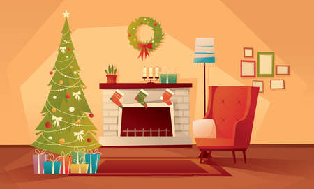 Living room decorated for Christmas and New Year. An empty armchair near a Christmas tree with gifts and a fireplace. Vector flat illustration.のイラスト素材