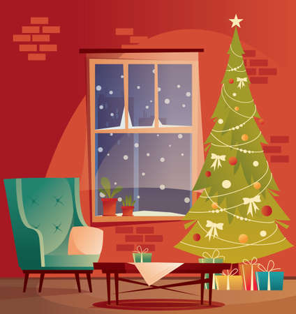 Living room decorated for Christmas and New Year. An empty armchair near a Christmas tree with gifts and a fireplace. Vector flat illustration.のイラスト素材