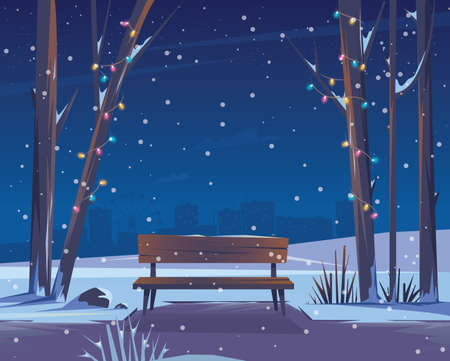 An empty bench in a night winter park. Vector flat illustration.のイラスト素材