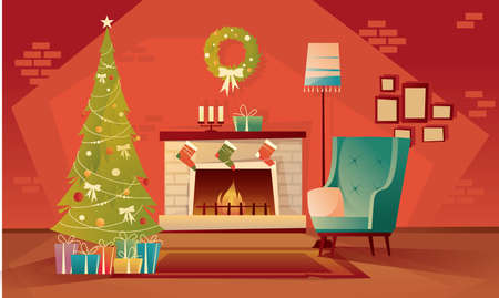 Living room decorated for Christmas and New Year. An empty armchair near a Christmas tree with gifts and a fireplace. Vector flat illustration.のイラスト素材