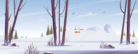 Winter snowy landscape with village houses. Trees and nature in the forest. Vector flat illustration.のイラスト素材