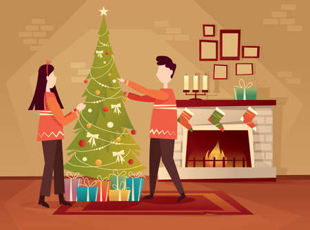 A young couple decorates the Christmas tree. Vector flat illustration.のイラスト素材
