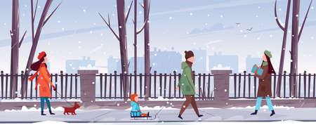 People walk in the winter park. Vector flat illustration.のイラスト素材