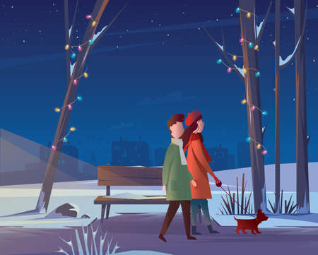 A couple with a dog are walking in a winter park at night. Vector flat illustration.のイラスト素材