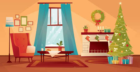 Living room decorated for Christmas and New Year. An empty armchair near a Christmas tree with gifts and a fireplace. Vector flat illustration.のイラスト素材